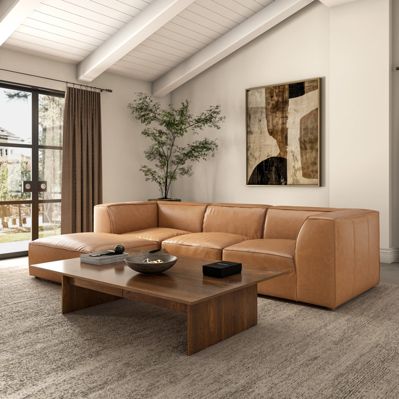 Form Astra 5 - Genuine Leather Modular Sectional with Ottoman, Tan Genuine Leather, 26" H x 112" W x 102.5" D