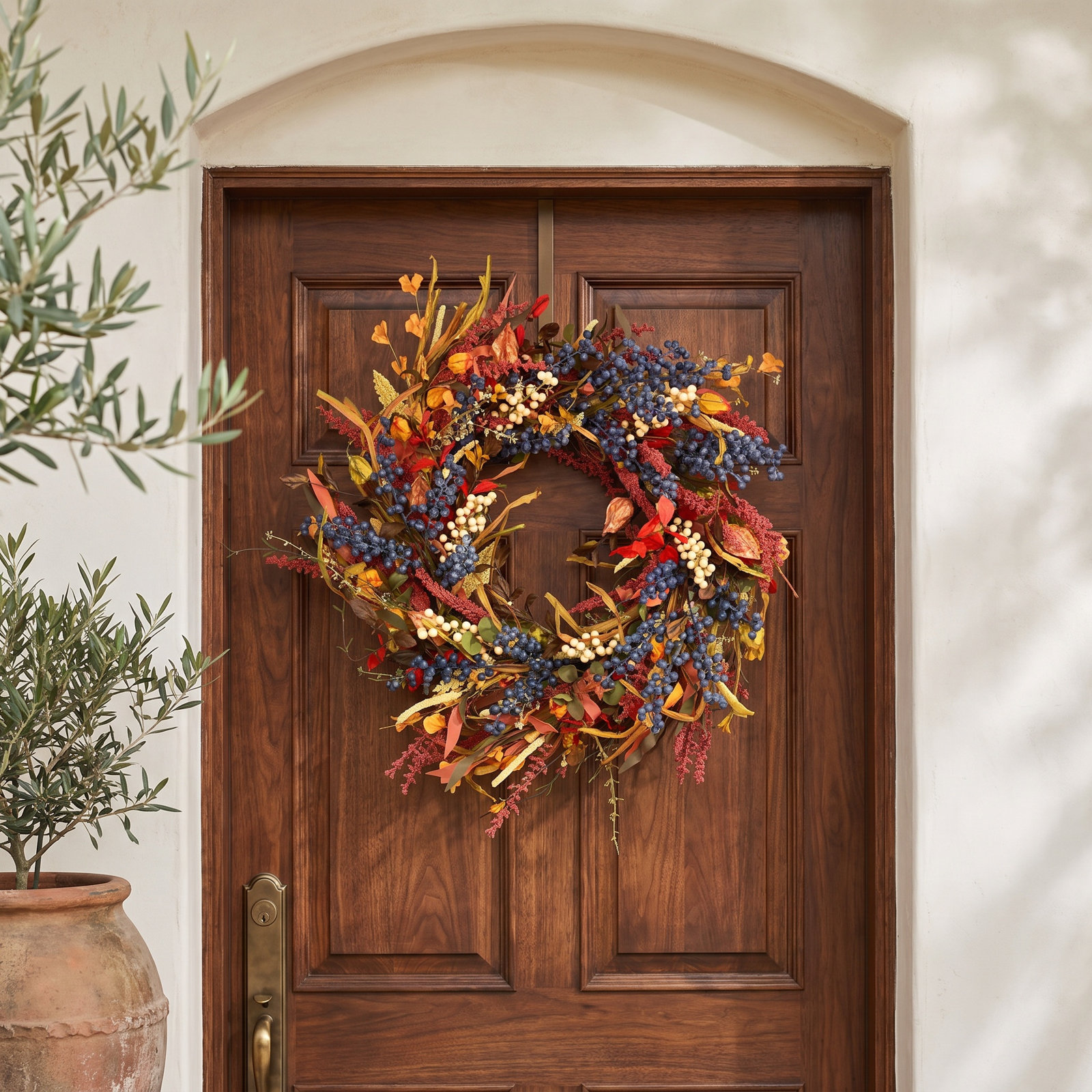 24" Artificial Farmhouse Twig Fall Thanksgiving Day Harvest Blossom Cluster Foliage Berry Front Door Wreath, Orange/Blue