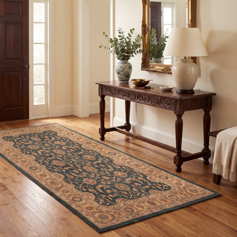 Tapis Bracken2 traditionnel à motif floral intégral or, vert, crème et ivoire, lavable à la machine, antidérapant, à poils courts, pour l'intérieur et l'extérieur, adapté aux animaux domestiques, idéal pour le salon, la chambre, la salle à manger, l'entrée, le couloir ou le bureau.