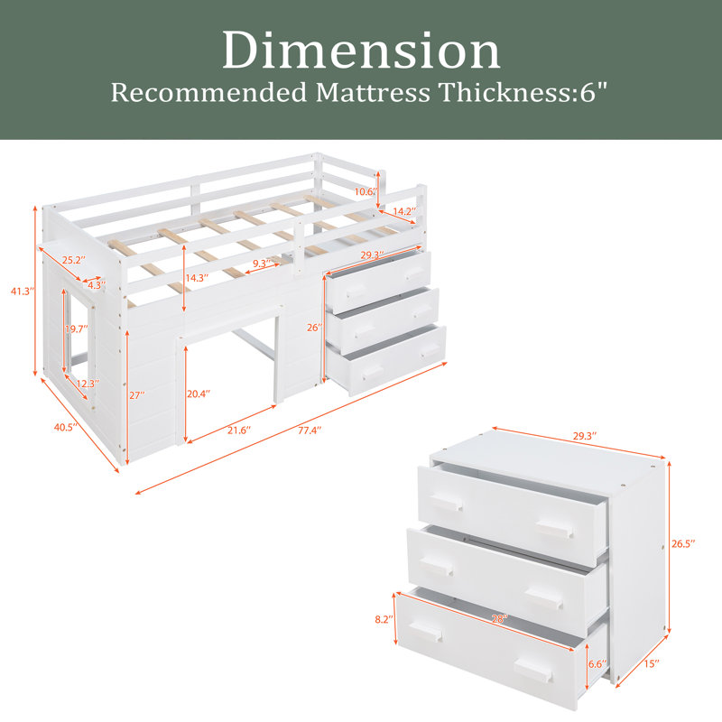 Lit mezzanine simple avec armoire et tablette, Blanc