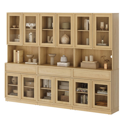 Modern 72" Tall Bookshelf with Glass Doors, Drawers & Adjustable Shelves, Closed Storage Cabinet and Glass Display Shelves, Wooden Bookcase for Home O