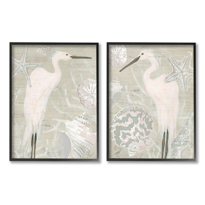 White Heron Nautical Seashells Rustic Starfish Wildlife