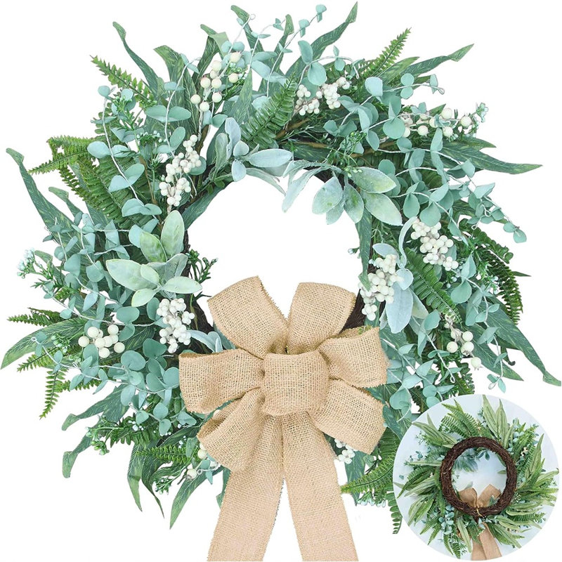 Couronne d'eucalyptus - vert - décoration de porte avant de 24 pouces avec feuilles d'eucalyptus, arc et baies pour décor de maison de campagne et toutes saisons