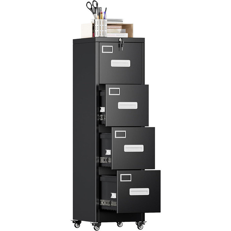 4-Drawer Rolling File Cabinet with Lock - 56" Metal Storage for Office, Black