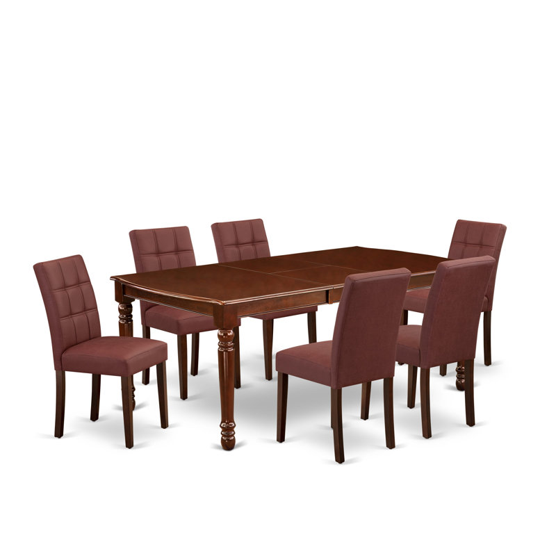 7 Piece Dining Table Set contain A Dining Room Table and 6 Burgundy Polyester Fabric Upholstered Chairs, Mahogany, Mahogany