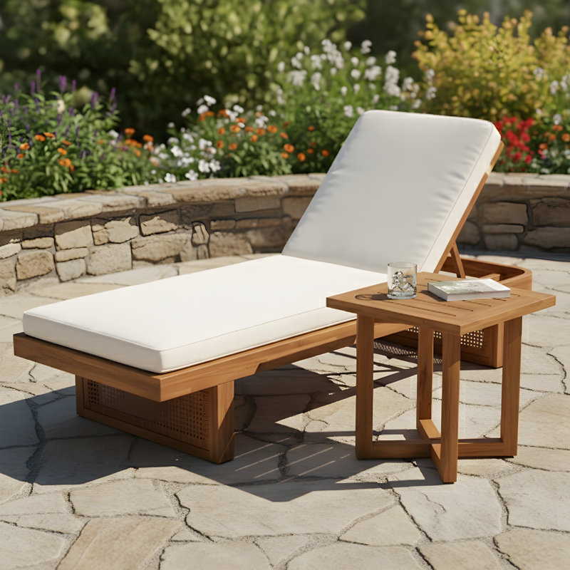 Ghodke Patio 2-Piece Acacia Wood Chaise Lounge With Pe Rattan & Cross-Stretcher Side Table Set