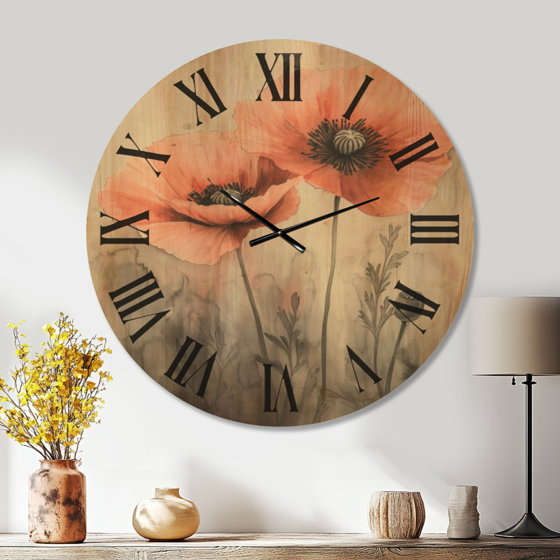 Coquelicots Corail et Brume II - Horloge murale décorative botanique imprimée sur bois, Extra Large