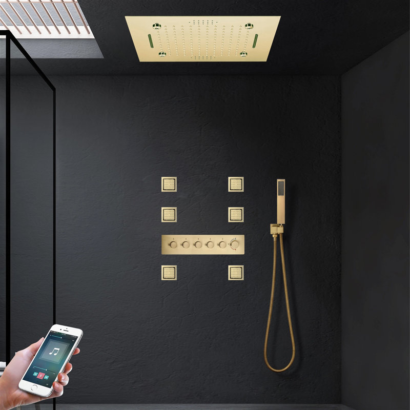 Système de douche Chieti brossé or thermostatique à DEL avec contrôle par téléphone et encastré au plafond