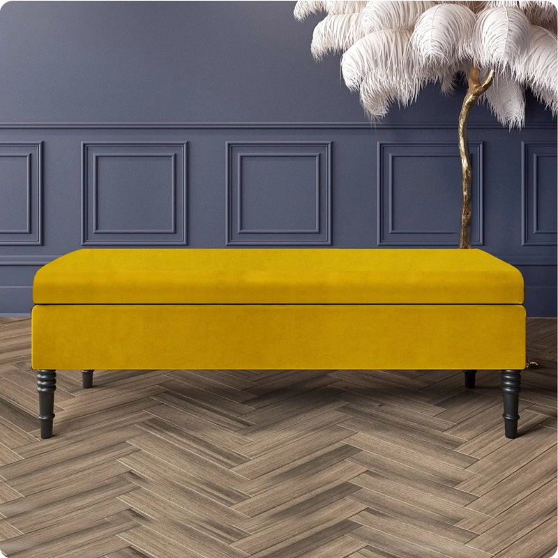 Safar Plain Upholstered Plush Velvet Ottoman Storage Bench with Black Turned Wooden Legs, Mustard Gold