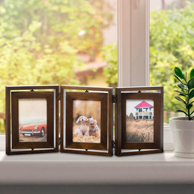 Cadre triple en bois rustique 4 x 6, cadre de collage pliable articulé, présentoir rotatif à double face avec verre haute définition, noyer
