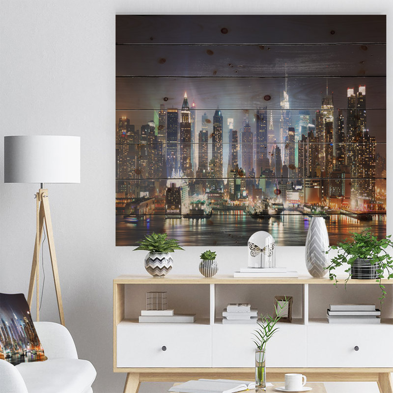 New York Times Square en lumière bleue - impression de paysage urbain, H 36 po x l 46 po x P 1,5 po, Bois