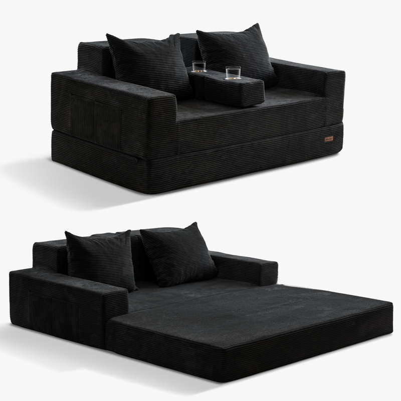 4 In 1 Convertible Compression Sofa Couch Foldable Floor Sofa Bed In A Box With 2 Cup Holders, 20" H x 62" W x 36" D, Black