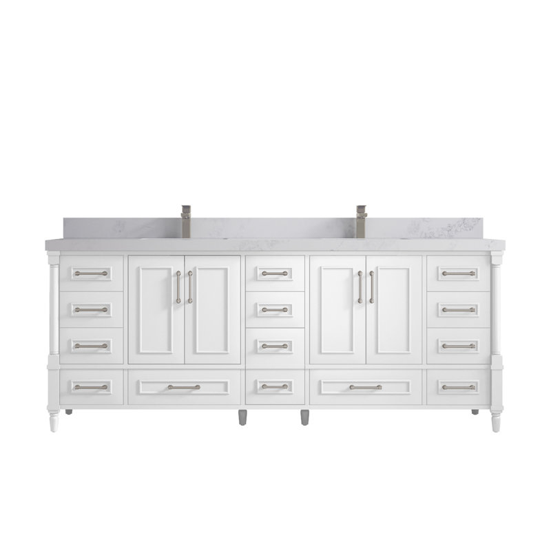 Aberdeen 84'' Double Bathroom Vanity with Quartz Top, Calacatta Nuvo, White