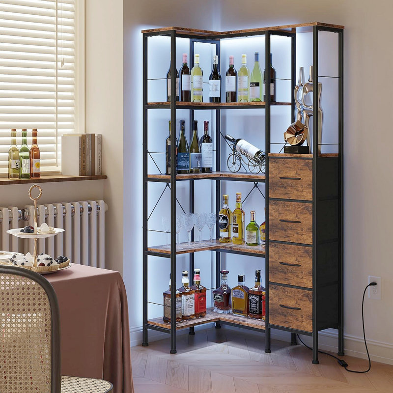 6-Shelf Erwin With LED Lights & 4 Fabric Drawers - L-Shaped Industrial Bookcase With USB Color-Changing Strips, Space-Saving Storage For Living Room, Bedroom & Office
