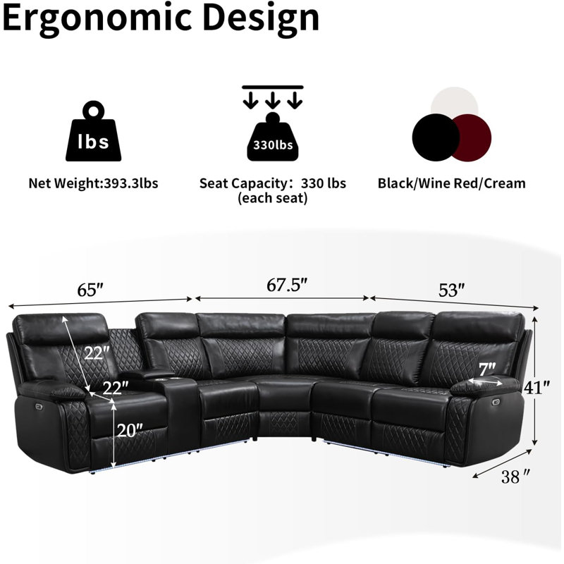 Mardie 3-Piece Breathable Leather Power Reclining Sectional, Home Theater Couch with Storage, Cup Holder & LED