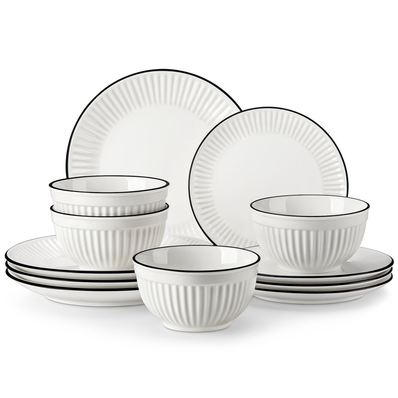 Piece Porcelain China Dinnerware Set - Service for 4, White/Black