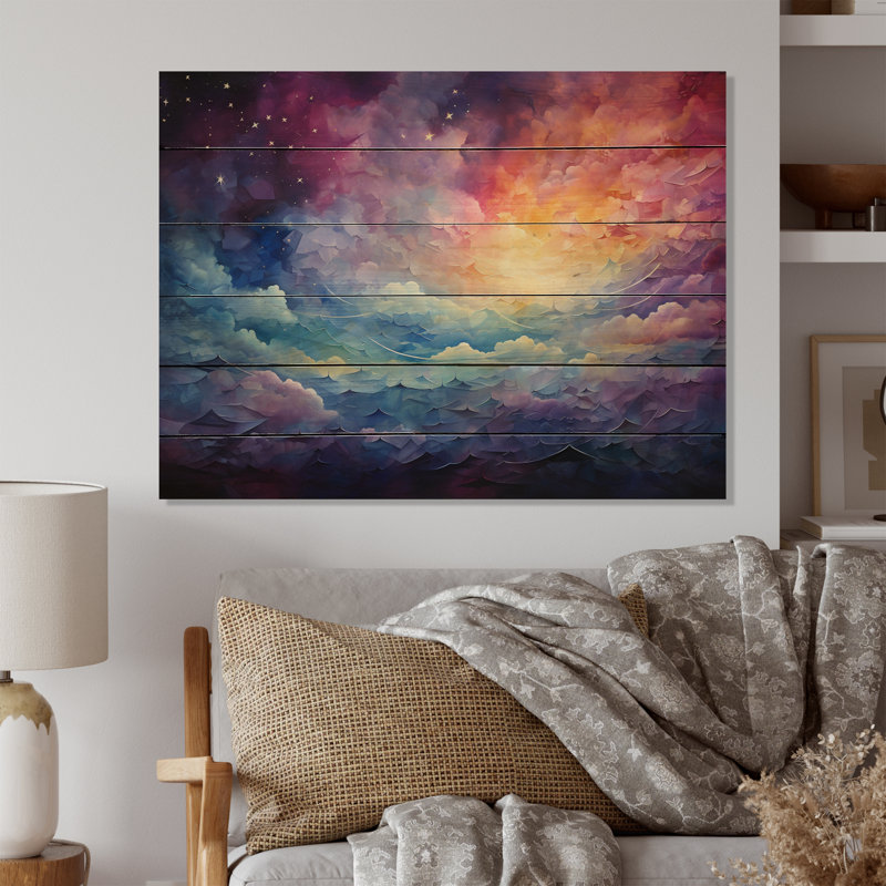 Seidule, ciel coloré, collage, rêves célestes, impression sur bois, H 30 po x l 40 po x P 0,78 po