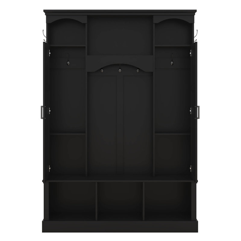 All-In-One Hall Tree With Adjustable Shelves, Classic Arched Storage Bench With Dual Side Cabinets, 7 Hooks, Black