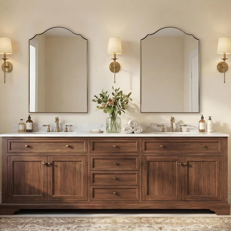 Scalloped Arch Bathroom Vanity Mirror with Curved Top | Stainless Steel Frame, Brushed Gold, 38" x 26" 