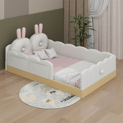 Lit simple au sol en velours Montessori avec 2 coussins rembourrés, garde-corps de clôture
