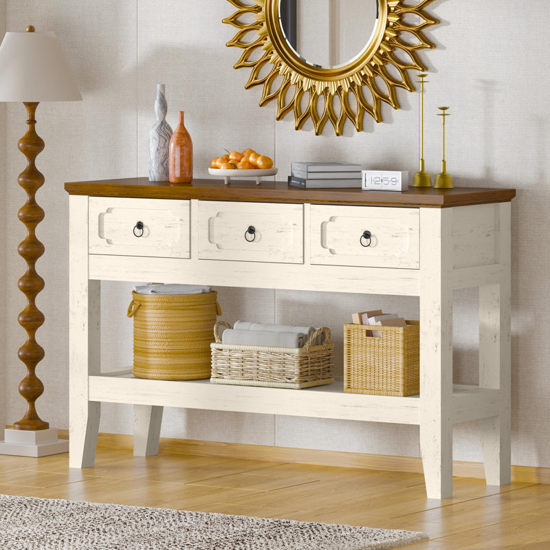 47" Farmhouse Console Table with 3 Drawers and Lower Shelf, Narrow Wood Accent Sofa Table for Entryway, Hallway, or Living Room