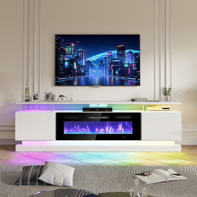 Meuble télé avec foyer électrique Jacob, Blanc/Noir, H 24,2 po x L 70 po x l 13,8 po