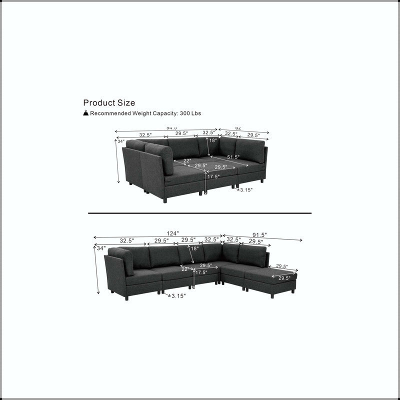 Canapé modulaire d'angle avec repose-pieds convertible, L 94,5 po, Polyester gris foncé