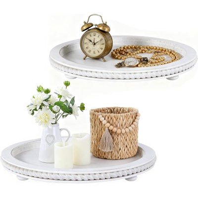 Decorative Trays For Home Decor, Round Wooden Trays For Coffee Table, White Stripes Tray For Living Room, Kitchen, Farmhouse Centerpiece Decor ,2