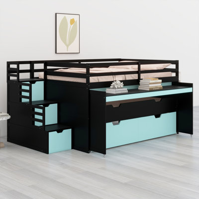 Wooden Loft Bed with Pull Out Desk, Trundle, Storage Drawers and Built-in Storage Stairs