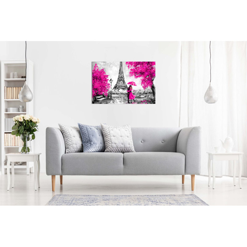 Paris Oil Painting Reproduction Eiffel Tower - Wrapped Canvas Print, 31cm H x 46cm W, Pink