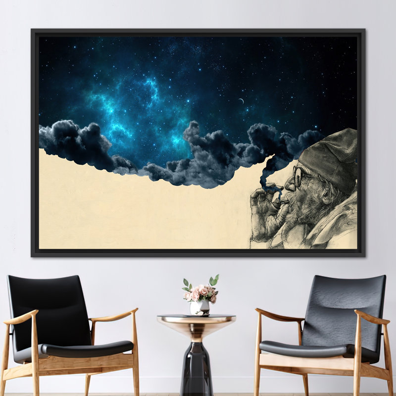 Affiche d'art surréel surréel mettant en vedette «fumant vieillard», art mural moderne sur toile abstraite, H 41 po x l 94 po