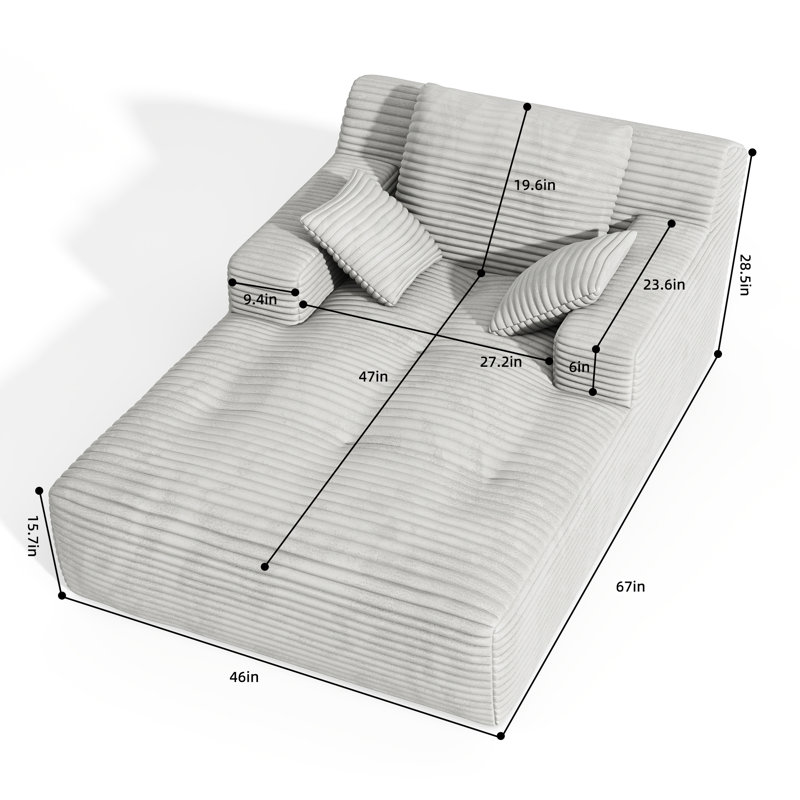 67'' Cloud Corduroy Chaise Lounge Chair With Pillows, Modern Sleeper Sofa Bed With Deep Seat, White