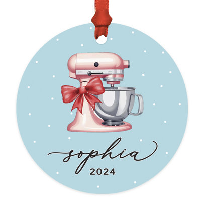Custom Baking Ornament Pink Stand Mixer With Red Bow Metal Christmas Tree Decoration, Gift For Baker, Mom, Or Grandma