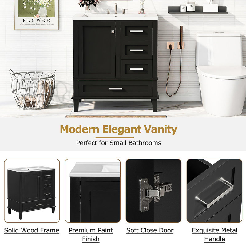 Ensemble de meuble-lavabo moderne avec lavabo 30 po, meuble-lavabo moderne avec porte à fermeture douce et 3 tiroirs, structure en bois massif (noir)