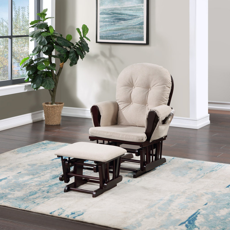 Cleo Wooden Glider and Ottoman, Espresso Wood, Brown Polyester