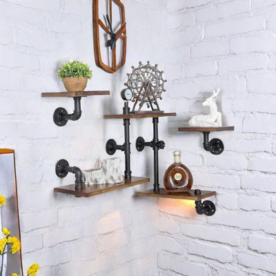 Industrial Floating Pipe Wall Mounted Shelves Rustic Modern Wood Shelving Bookcase  Ladder Hanging Bookshelf For Home Bathroom Office Kitchen Decor