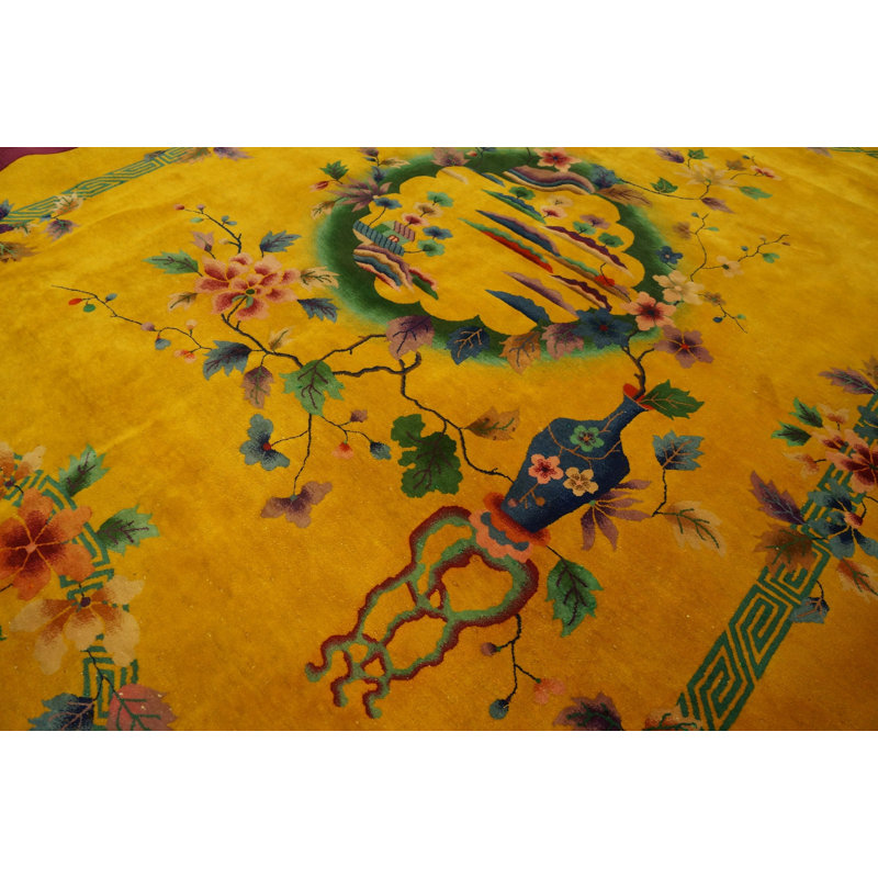 Antique Art Deco Chinese Medallion Yellow 1920s Rug