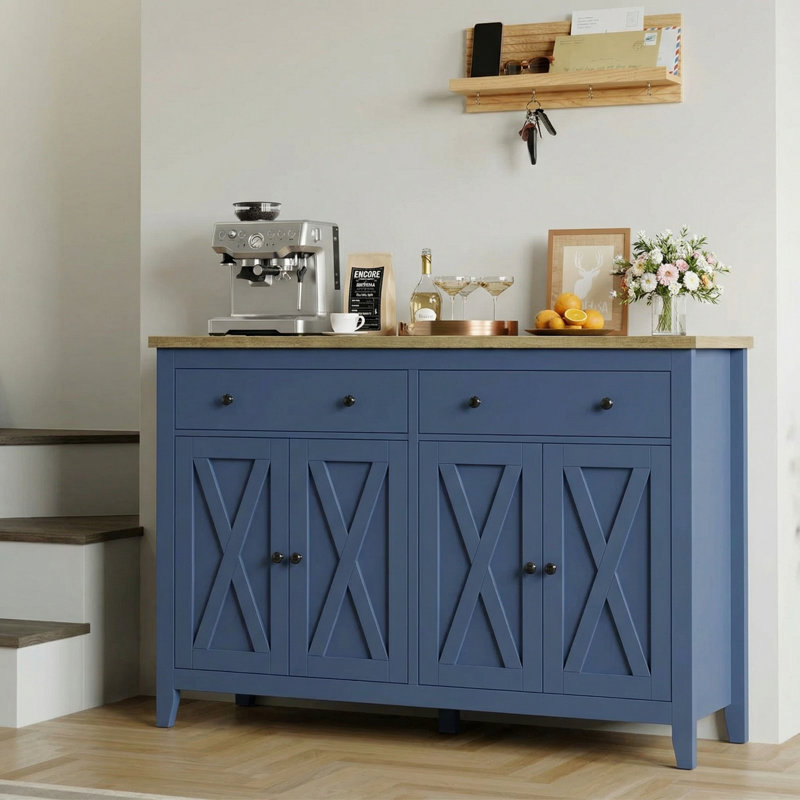 Armoires d'appoint en bois avec 2 tiroirs et 4 portes, Bleu