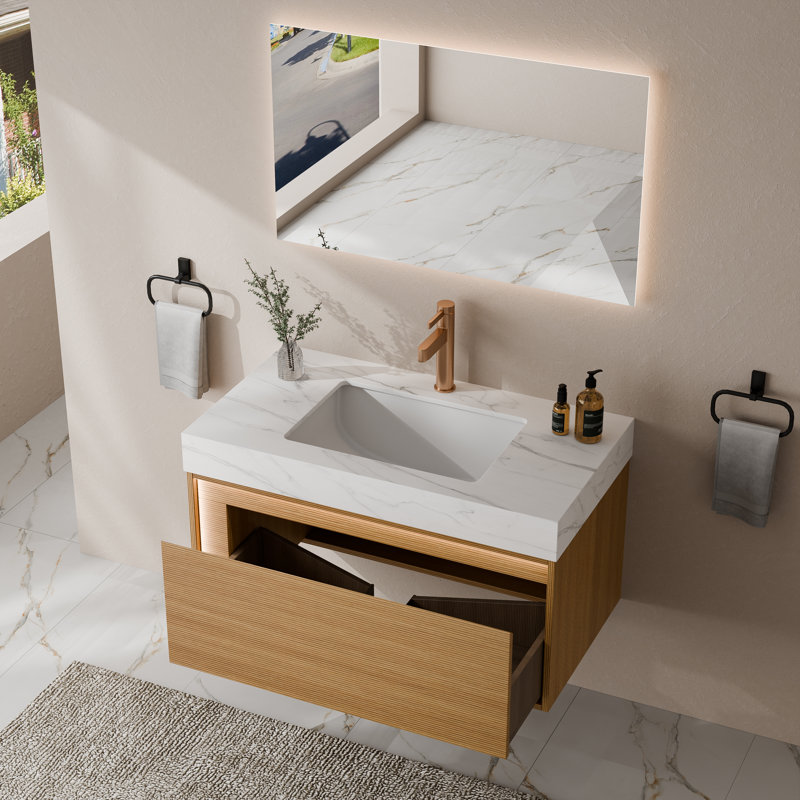 Meuble-lavabo flottant de 36 po avec lavabo, plateau en pierre frittée blanc de Carrare, armoire en chêne clair cannelé, tiroir à capteur DEL, mural, pré-assemblé