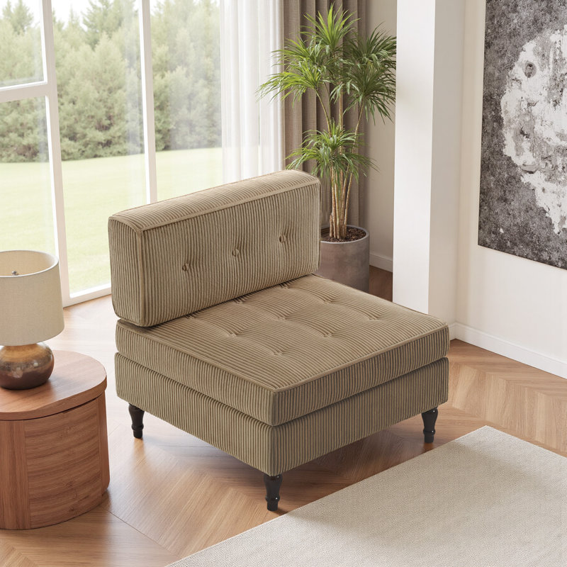 Fauteuil capitonné en velours côtelé, Chameau