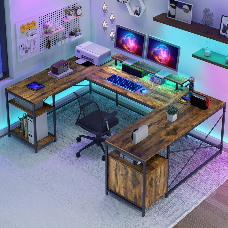 U Shaped Desk with Power Outlets & LED Lights, Reversible Gaming Desk with Monitor Stand, Retro Brown/Black