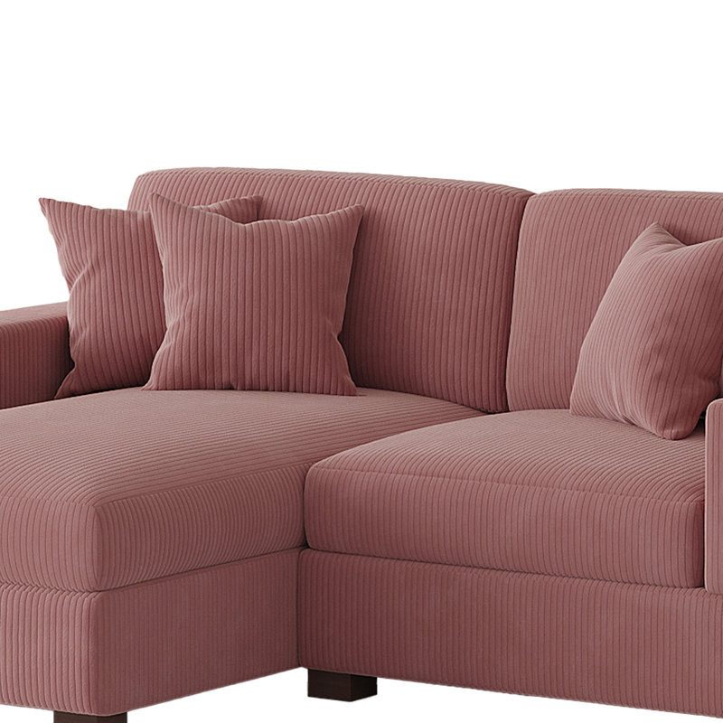 Canapé modulaire 2 pièces rembourré en velours côtelé rose avec dossier coussiné et pieds en bois massif, Velours côtelé rose