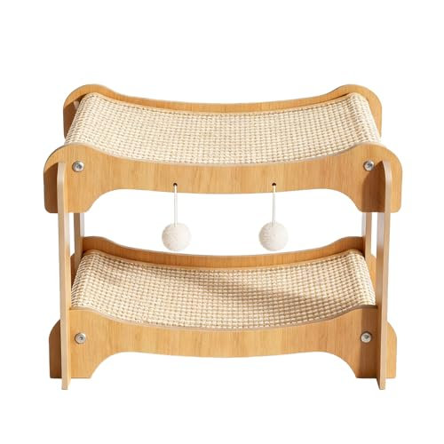 Lit pour chat à deux étages, salon à griffer pour chat en bois à 2 niveaux avec jouets à billes suspendus, hamac en sisal naturel pour l'intérieur