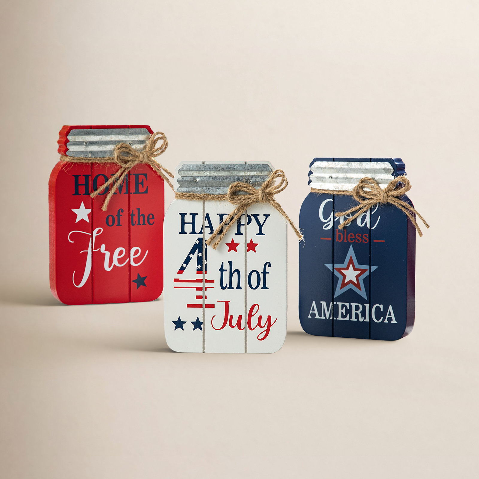3-Piece Patriotic Wooden Mason Jar Accent Set