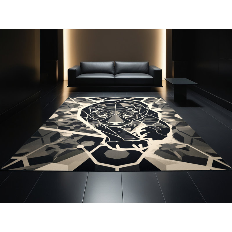 Tapis géométrique noir lavable à la machine Pantelia Jaguar, 7 x 9