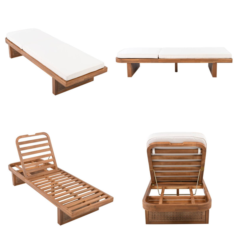Chaise longue d'extérieur en bois d'acacia avec rotin en PE et coussin blanc
