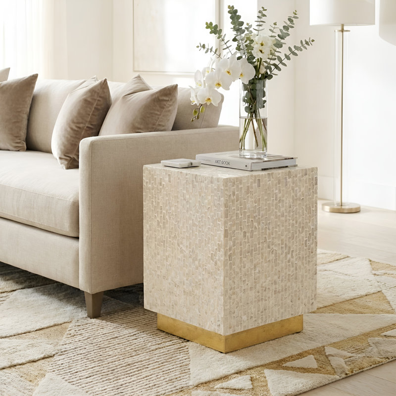 Shell Inlay Side Table With Metal Base, Modern End Table For Living Room/Bedroom/Guest Room, Beige