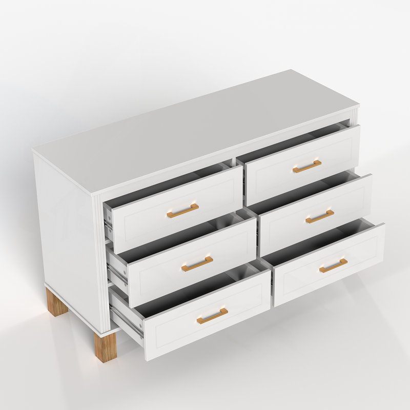 Commode 6 tiroirs, commode de rangement moderne avec poignées en métal et pieds en bois massif, Blanc