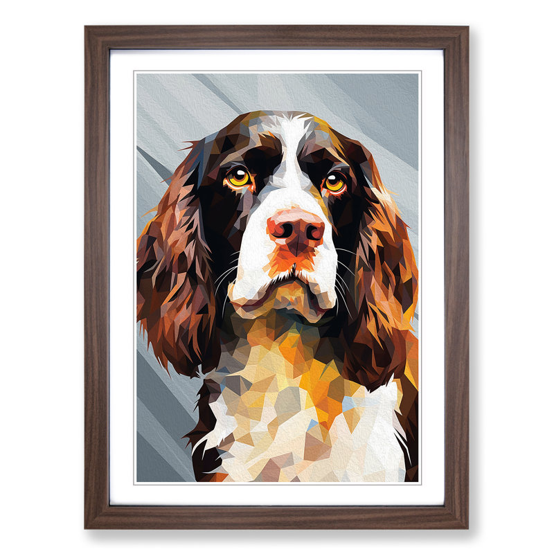 English Springer Spaniel Geometric No.2 - Single Picture Frame Print on Wood, Walnut, 34cm H x 25cm W x 2cm D