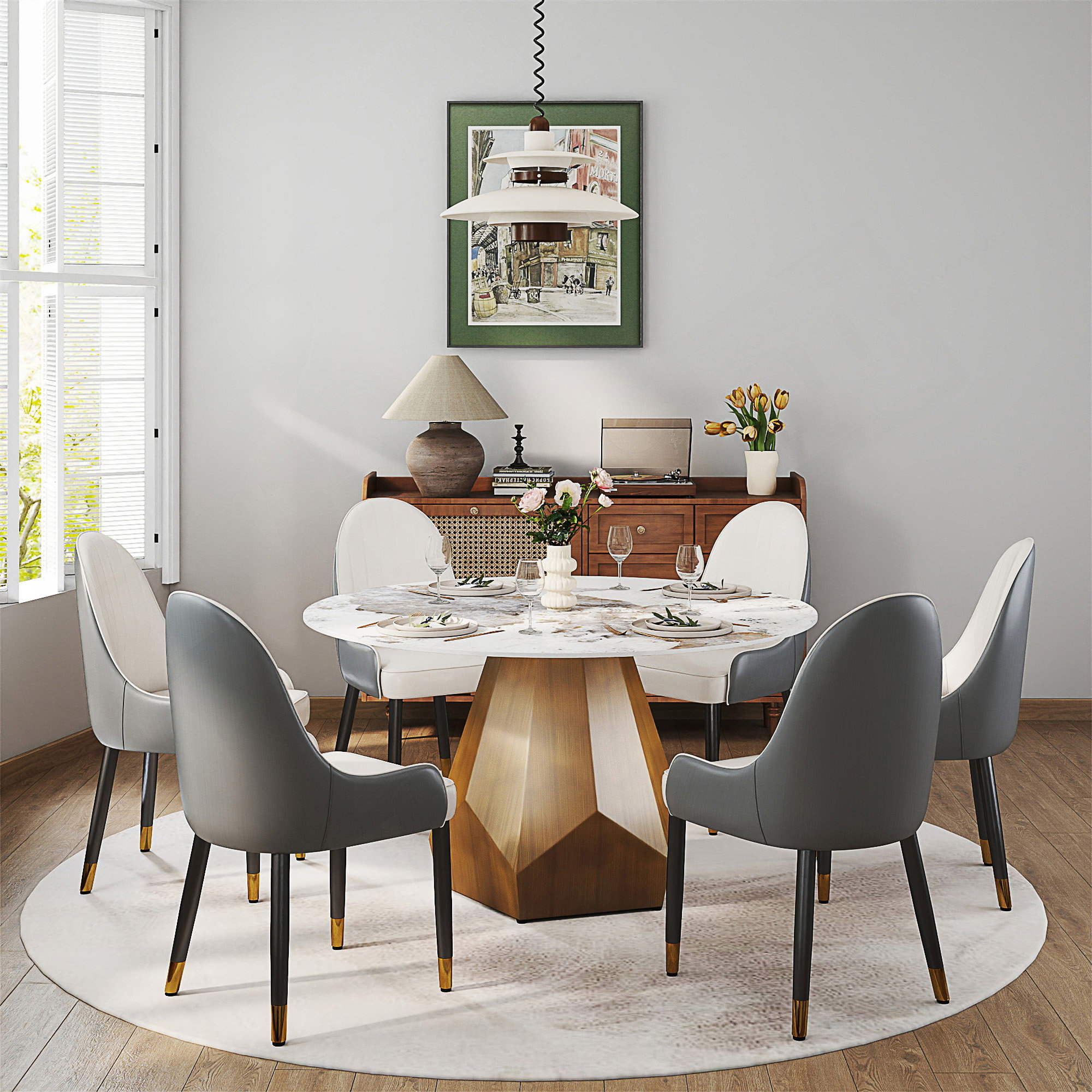 Corrigan Studio 53-Inch Round Sintered Stone Dining Table With Retro ...
